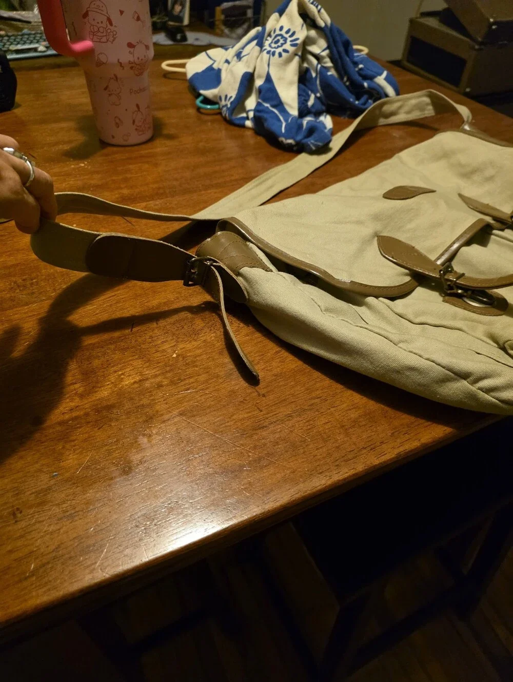 Times Magazine Canvas Messenger Bag with Brown Trim, Leather And Canvas